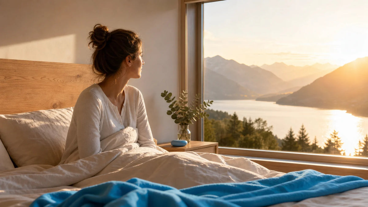 Une femme se réveille paisiblement face aux montagnes et à un lac Image
