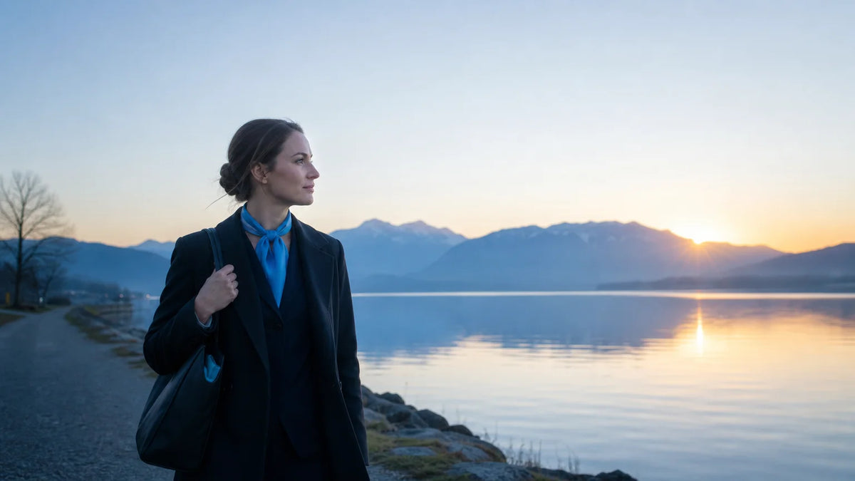 Femme européenne quittant son travail de nuit face à un paysage naturel à l’aube