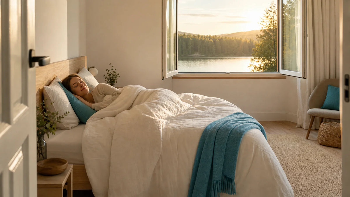 Femme dormant confortablement dans une chambre lumineuse malgré un nez bouché