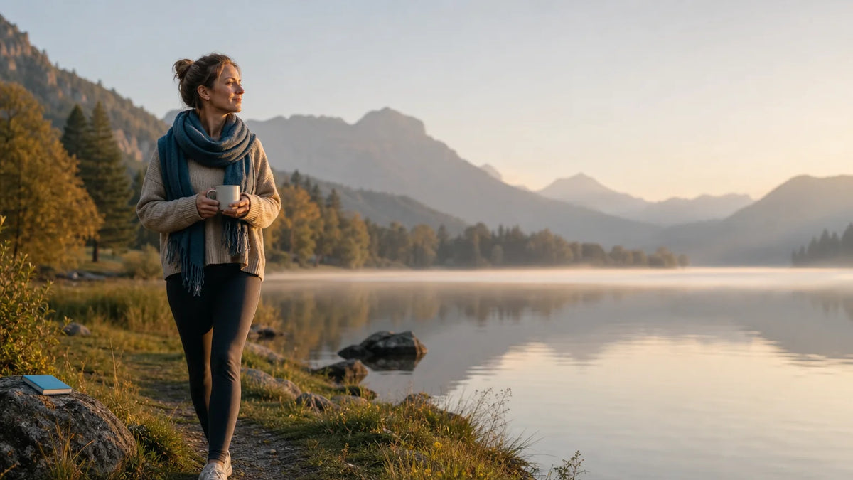 Femme européenne profitant d’une matinée calme au bord d’un lac