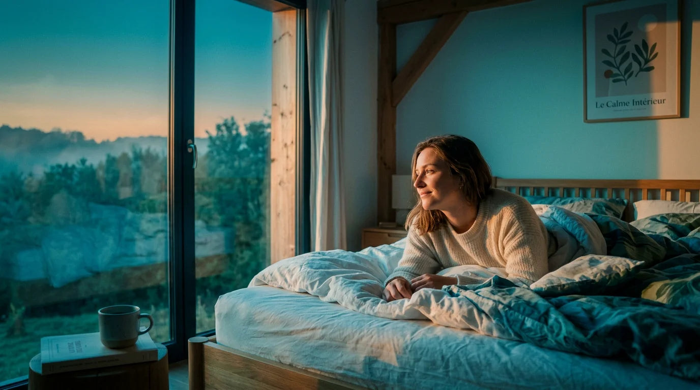 Personne européenne se réveillant reposée dans une lumière matinale bleutée Image