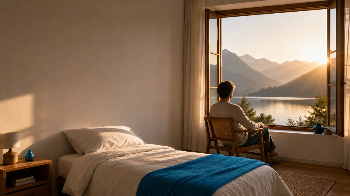 Chambre paisible au lever du soleil avec vue sur un lac et des montagnes