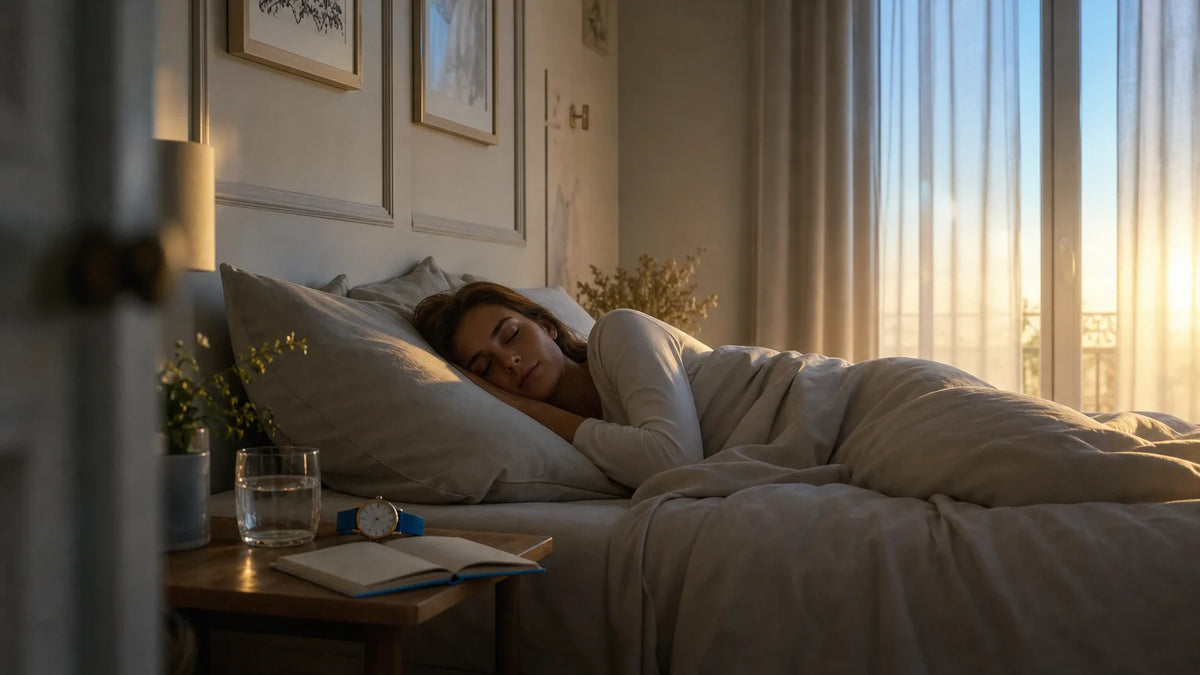 Personne dormant paisiblement dans une chambre éclairée par la lumière de l’aube