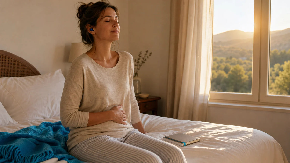 Femme européenne pratiquant une méditation guidée avant de dormir dans une chambre baignée de lumière dorée