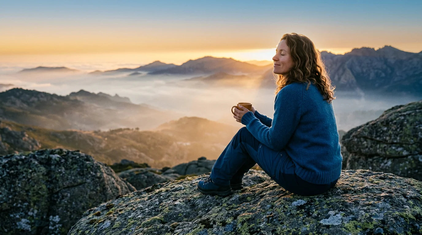 Femme sereine face aux montagnes au lever du soleil dans un moment de calme Image