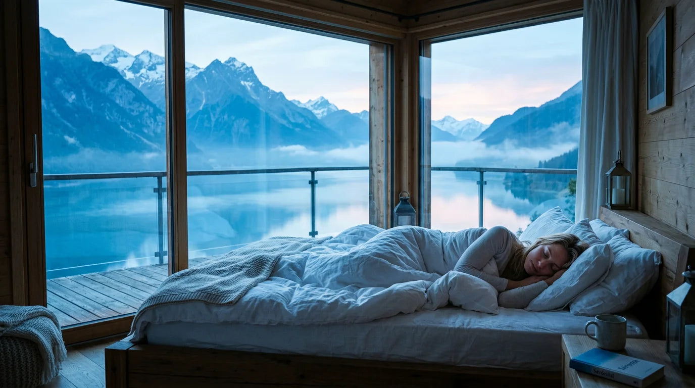 Chambre paisible face aux montagnes au lever du jour Image
