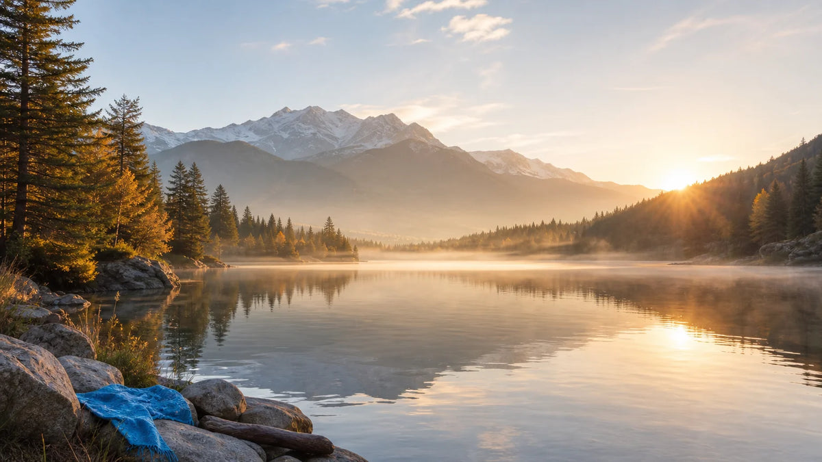 Lac calme entouré de montagnes au lever du soleil, évoquant un sommeil réparateur