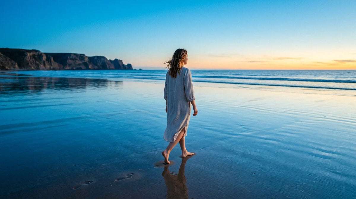 Personne marchant sur une plage sauvage à l'aube, sereine et reposée