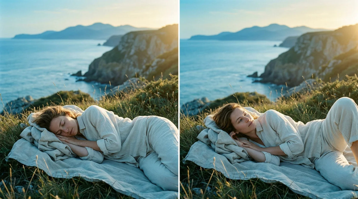 Femme européenne se réveillant sereinement à la lumière dorée du matin