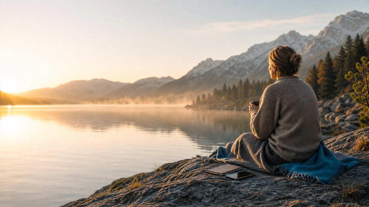 Personne européenne se relaxant au bord d’un lac au lever du soleil, entourée de montagnes et de nature Image