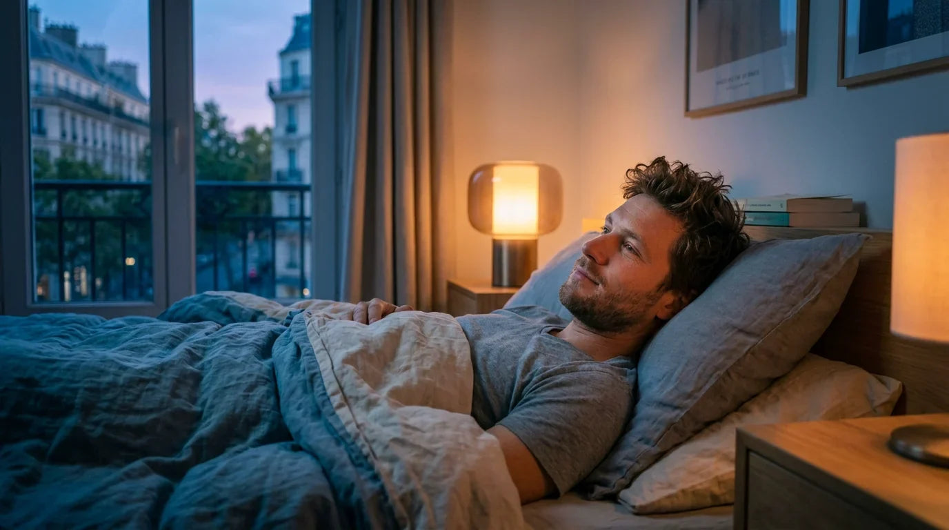 Homme européen se réveillant en douceur grâce à un réveil à simulation d'aube dans une chambre lumineuse