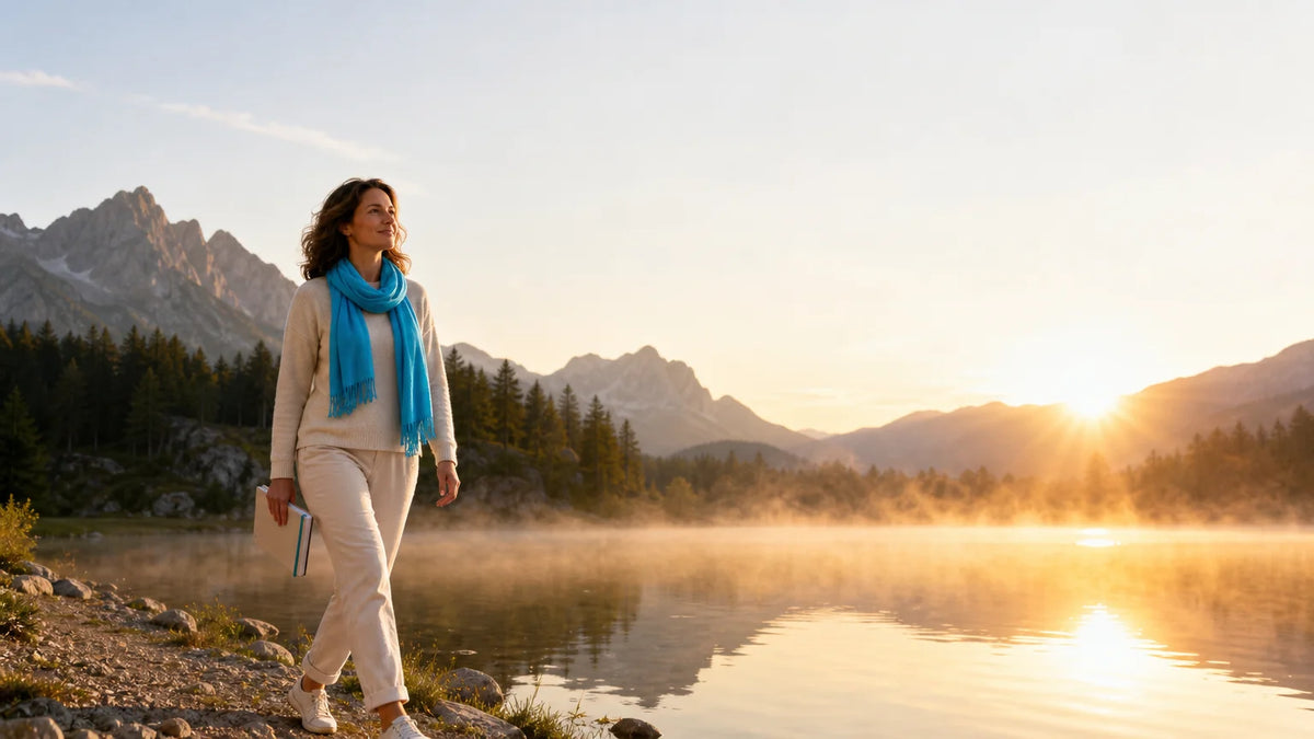 Femme marchant au bord d’un lac au lever du soleil dans un paysage de montagnes Image