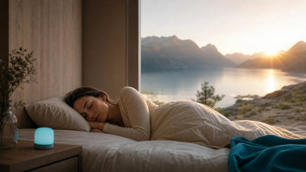 Personne dormant paisiblement dans une chambre ouverte sur les montagnes au lever du jour