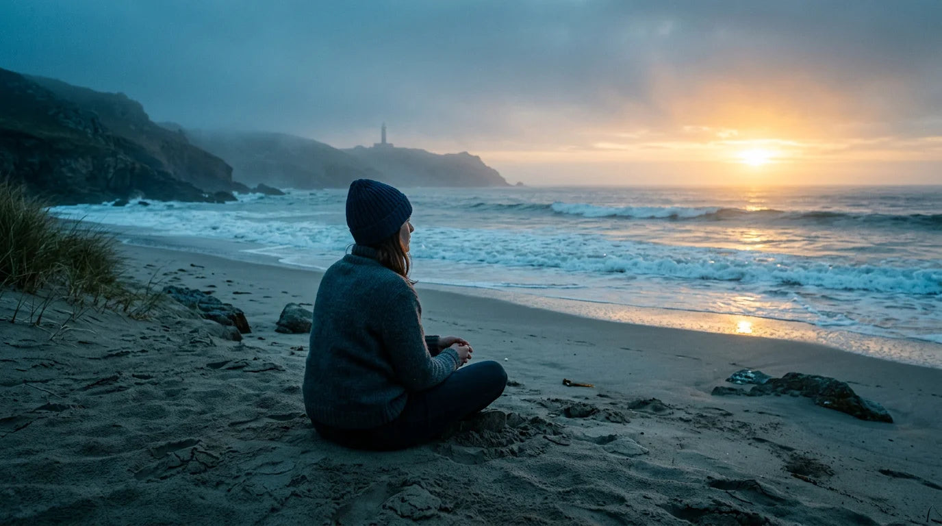 Personne au calme sur une plage sauvage à l'aube dans une lumière bleutée Image