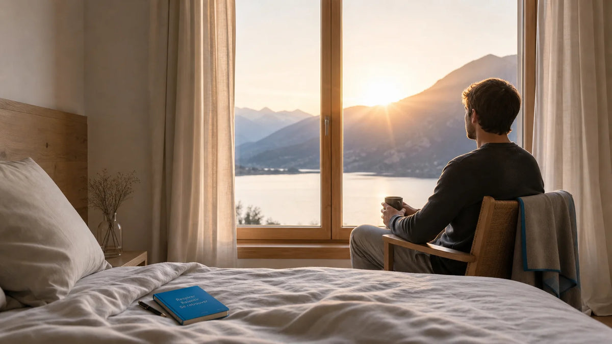 Adulte européen contemplant un paysage naturel au lever du soleil après une nuit difficile