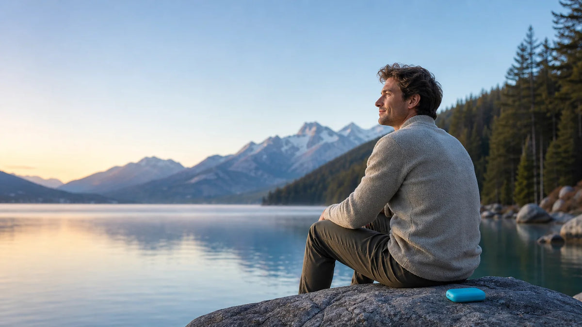 Personne européenne profitant d’un moment calme au bord d’un lac au lever du jour, dans l’esprit du top 5 bouchons anti-bruit en France 2026 Image