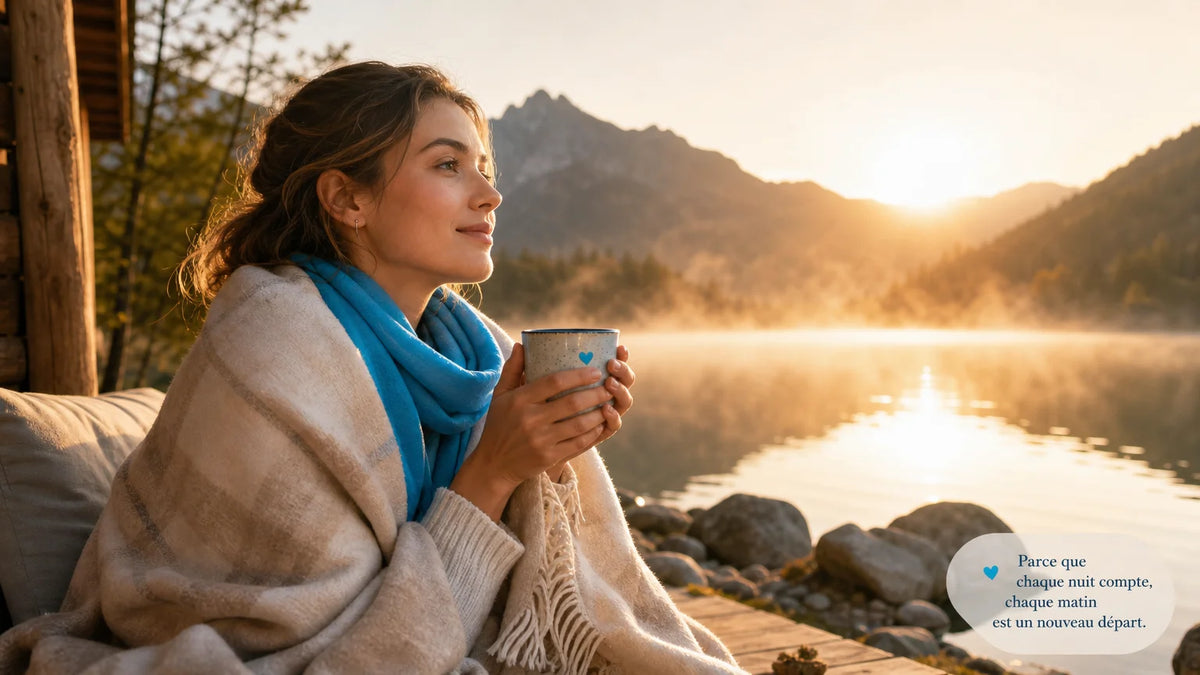 Femme reposée au bord d'un lac de montagne au lever du soleil