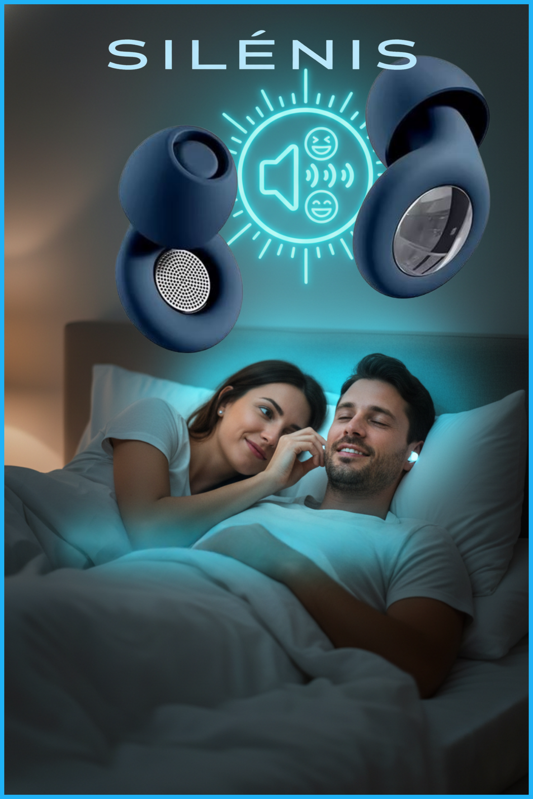 Silénis: bouchons d'oreille en silicone médical bleu foncé, réduction du bruit affichée 28 dB autour d’un couple au lit, ambiance nocturne.