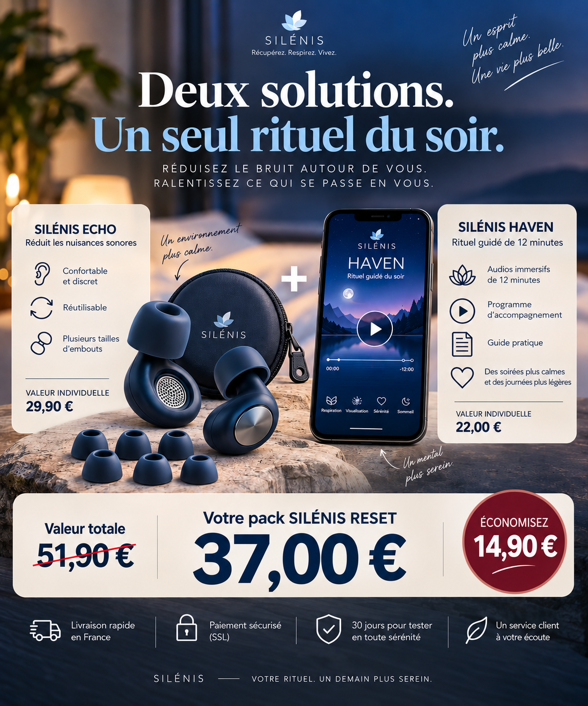 SILENIS RESET, Le duo du soir pour réduire le bruit autour de vous… et retrouver le calme en vous.