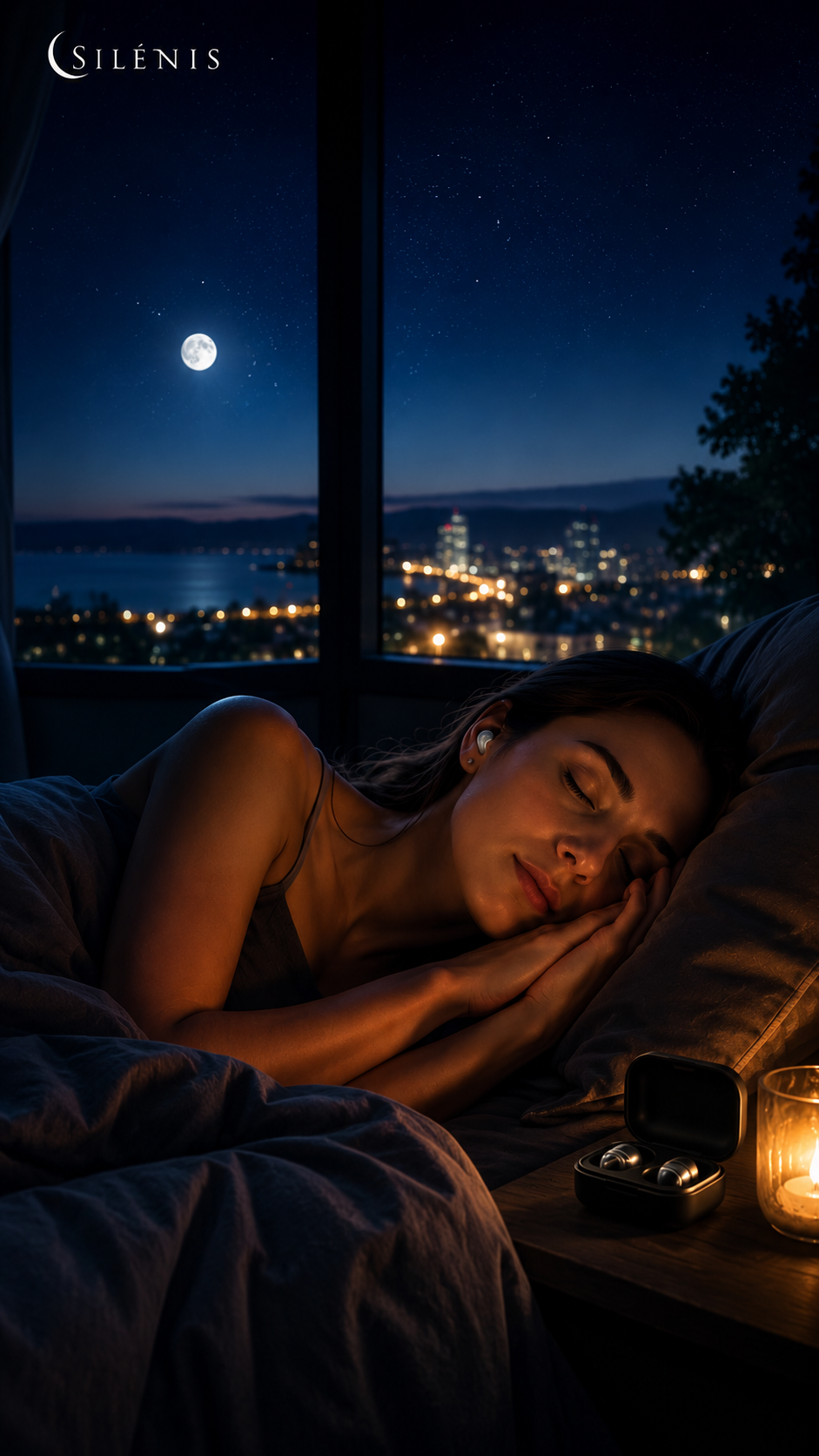 Femme dormant paisiblement dans lit sombre, lune et ville lumineuse par la fenêtre, embouts SILENIS visibles dans boîte près de la lampe.