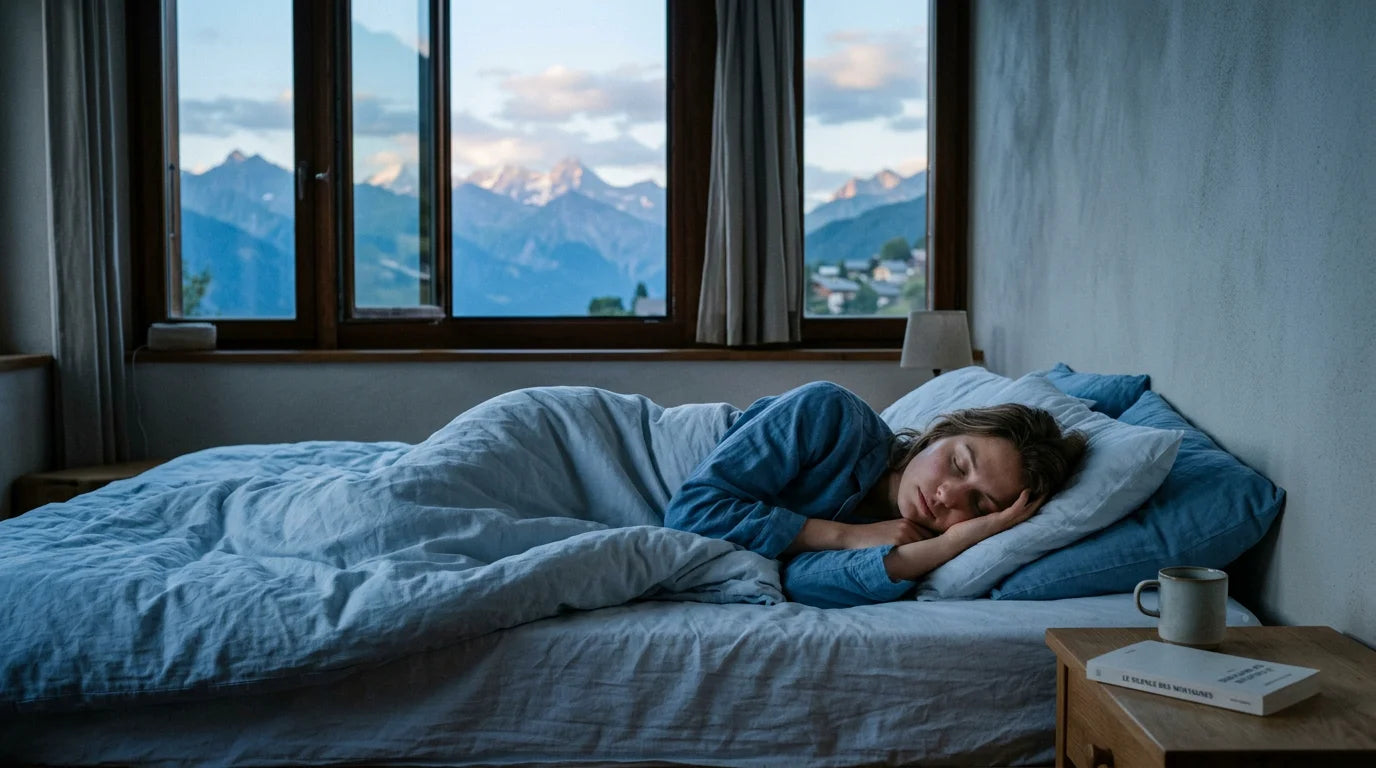 Personne endormie au calme dans une chambre baignée d'une lumière bleue à l'aube