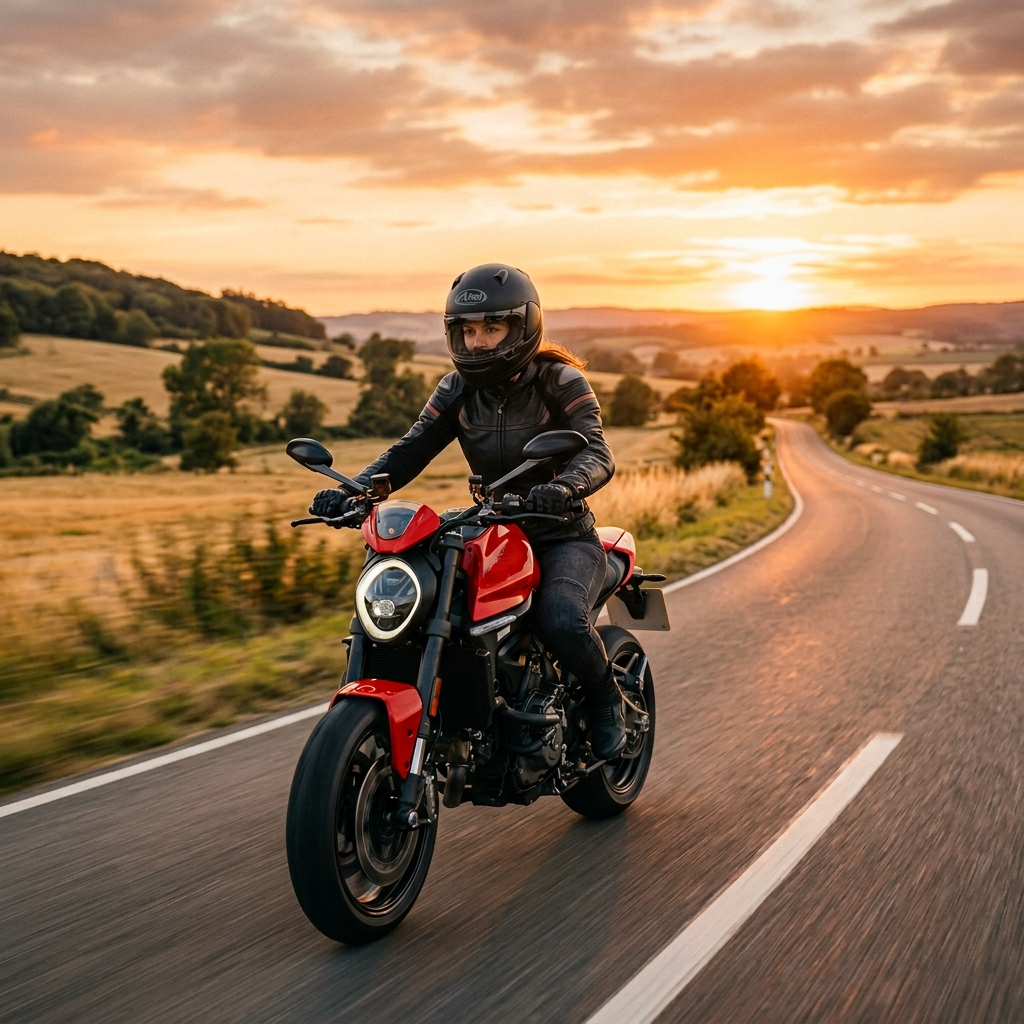 Coureuse sur route ouverte au coucher du soleil, moto rouge moderne, pilote en casque intégral noir et blouson sombre.