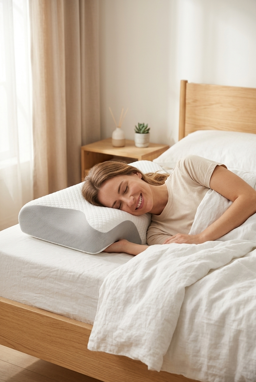 Femme dormant confortablement sur un lit, tête posée sur un oreiller à mémoire de forme blanc grainé, ambiance chambre lumineuse et douce.
