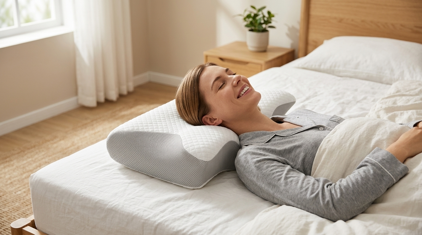 Femme dormant confortablement sur un lit, tête posée sur un oreiller à mémoire de forme somnelya blanc grainé, ambiance chambre lumineuse et douce.
